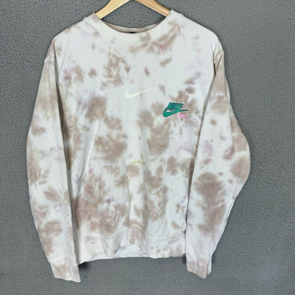 Nike White Tan Tie-Dye Crewneck Sweatshirt with Teal Logo